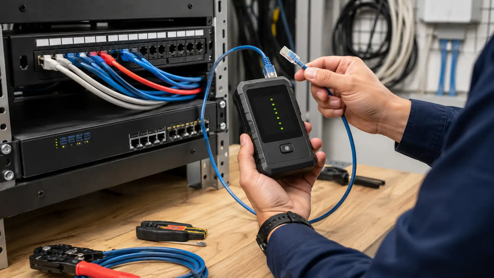 Ethernet cable tester checking RJ45 patch cable wiring Ethernet cable tester checking RJ45 patch cable wiring